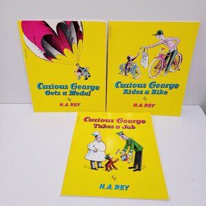 3 Vtg Curious George by H.A. Rey Gets a Medal Rides a Bike Takes a Job Books